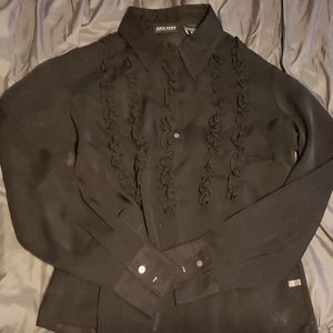NY & Co black, sheer tux style top, M